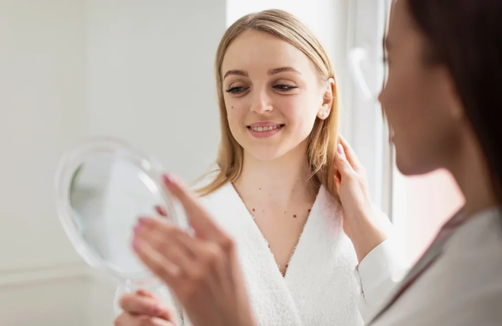 Smiling client reviewing her aesthetic results in a mirror at Two Chicks Aesthetics in Port Jefferson NY