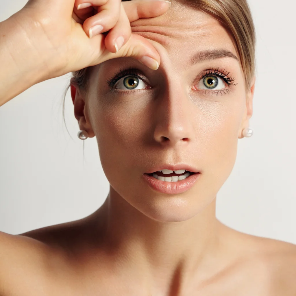 Woman examining forehead wrinkles before Botox consultation at Two Chicks Aesthetics in Port Jefferson NY
