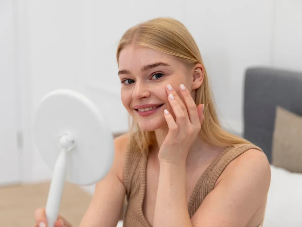 Smiling woman examining her smooth skin after aesthetic treatment at Two Chicks Aesthetics in Port Jefferson NY