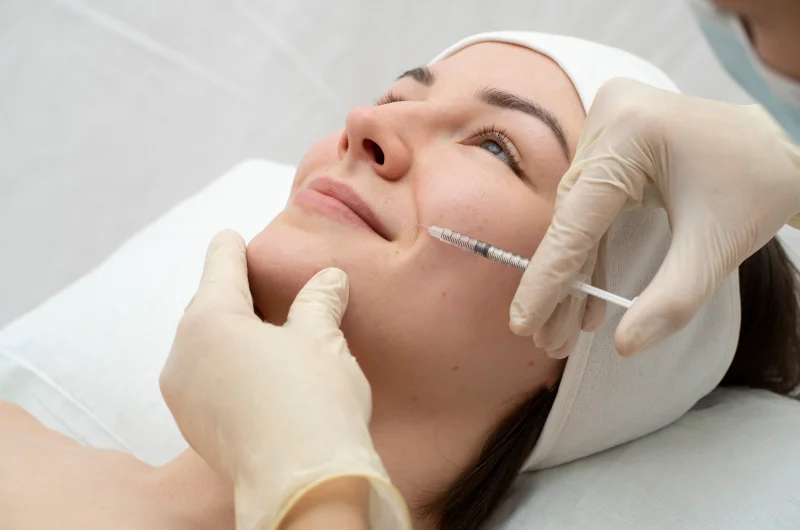 Client receiving smile line filler injection at Two Chicks Aesthetics in Port Jefferson NY