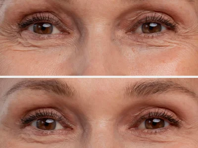 Before and after under-eye rejuvenation showing smoother skin and reduced dark circles at Two Chicks Aesthetics in Port Jefferson NY