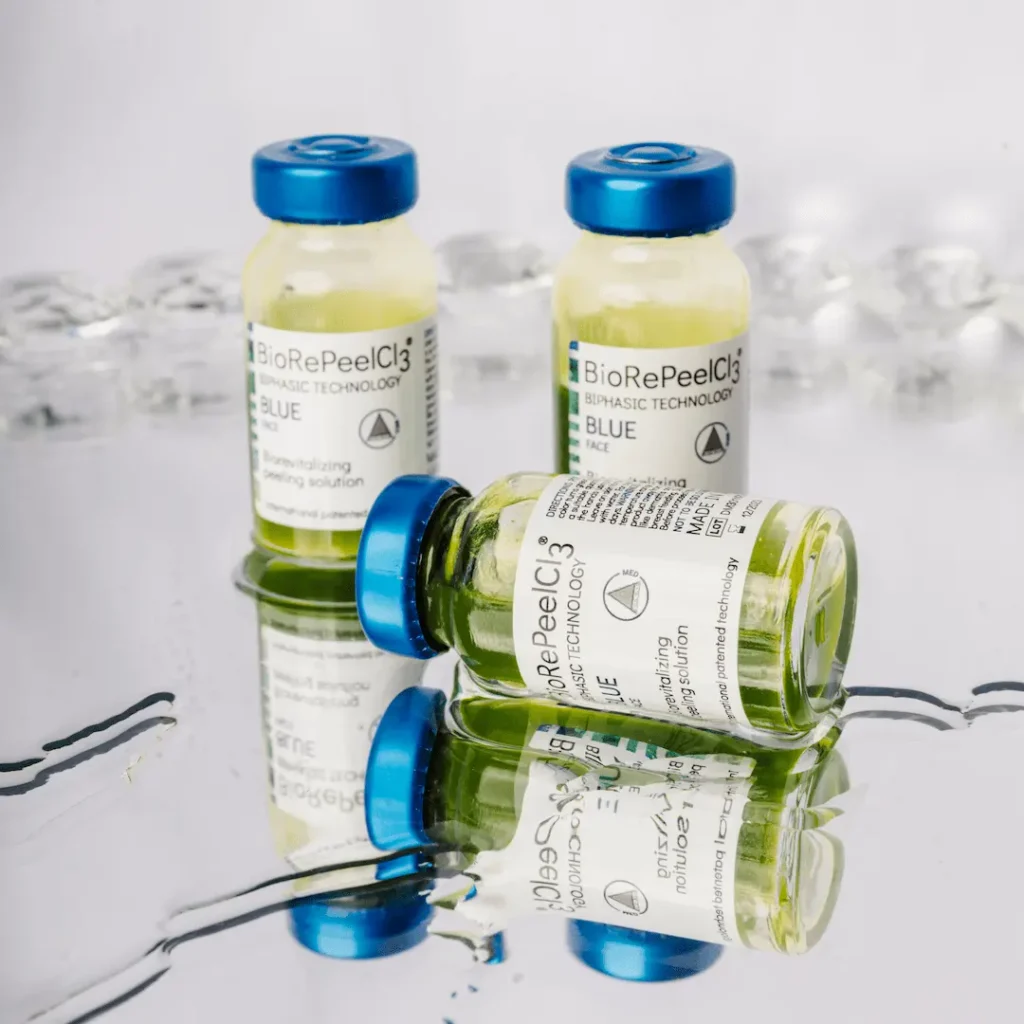 BioRePeelCl3 biphasic technology peeling solution vials for skin rejuvenation treatments at Two Chicks Aesthetics in Port Jefferson, NY.