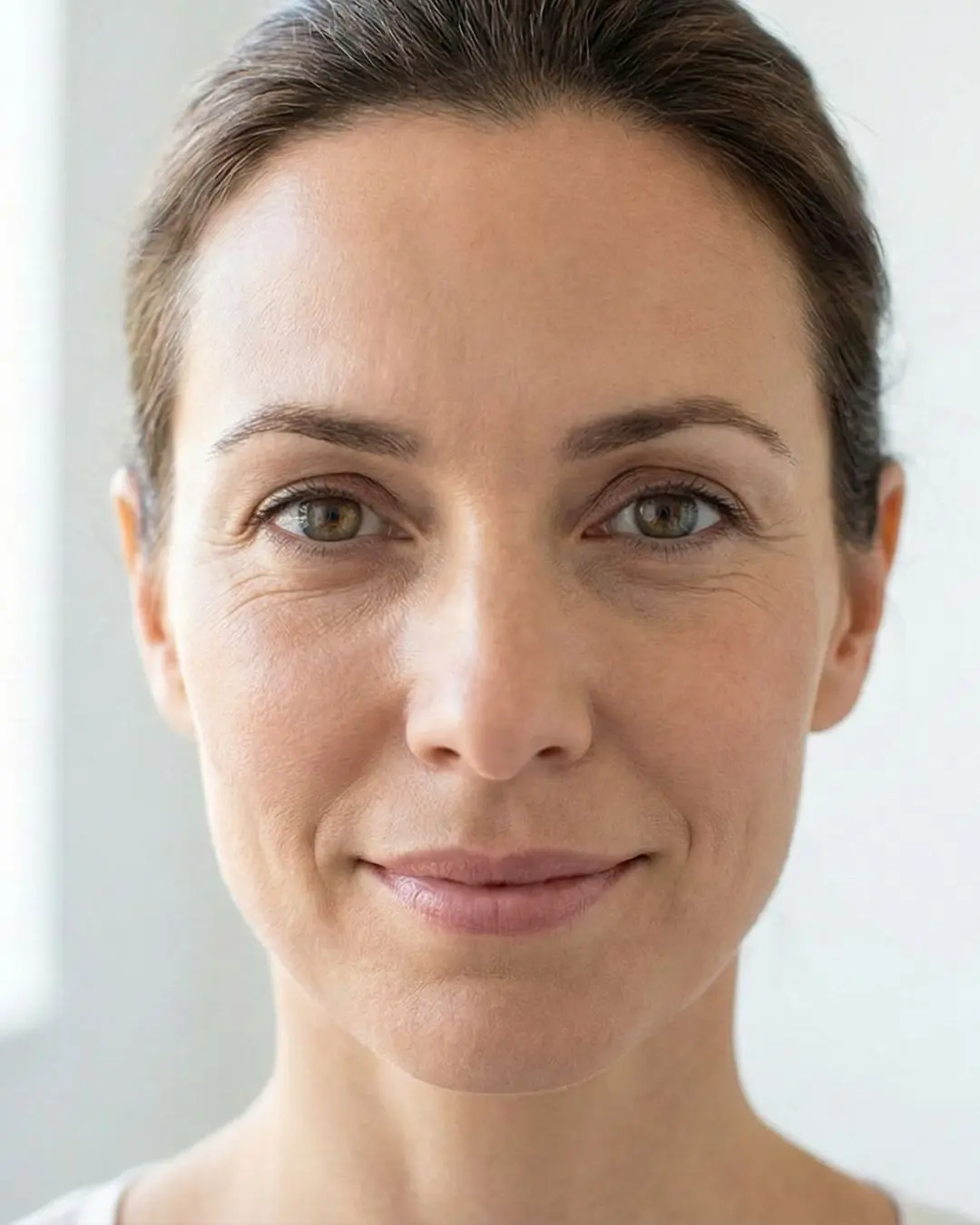 Portrait of a woman with mild under-eye hollows and fine lines, representing an ideal candidate for natural EZ Gel Bio-Filler treatment at Two Chicks Aesthetics