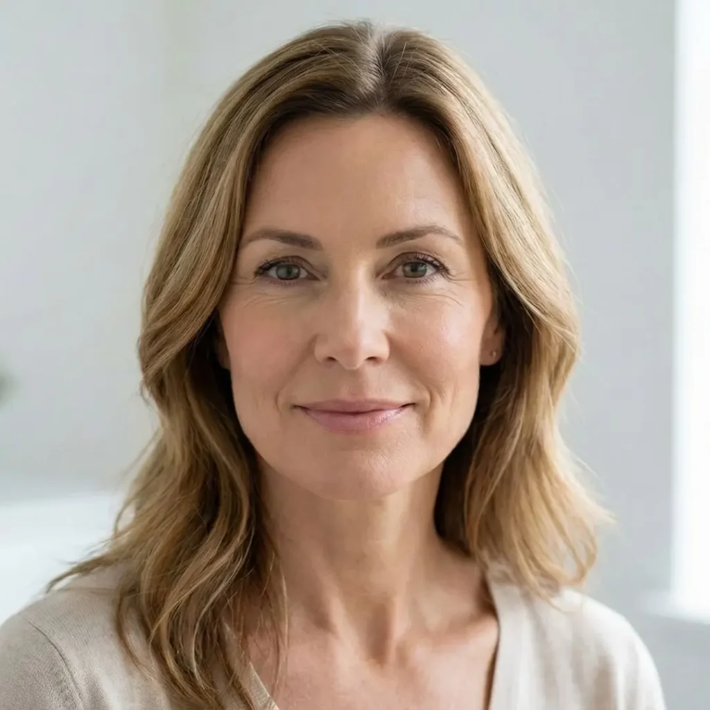Front-facing portrait of a woman showing areas of facial volume loss in the temples and cheeks, ideal for Sculptra biostimulator treatment.