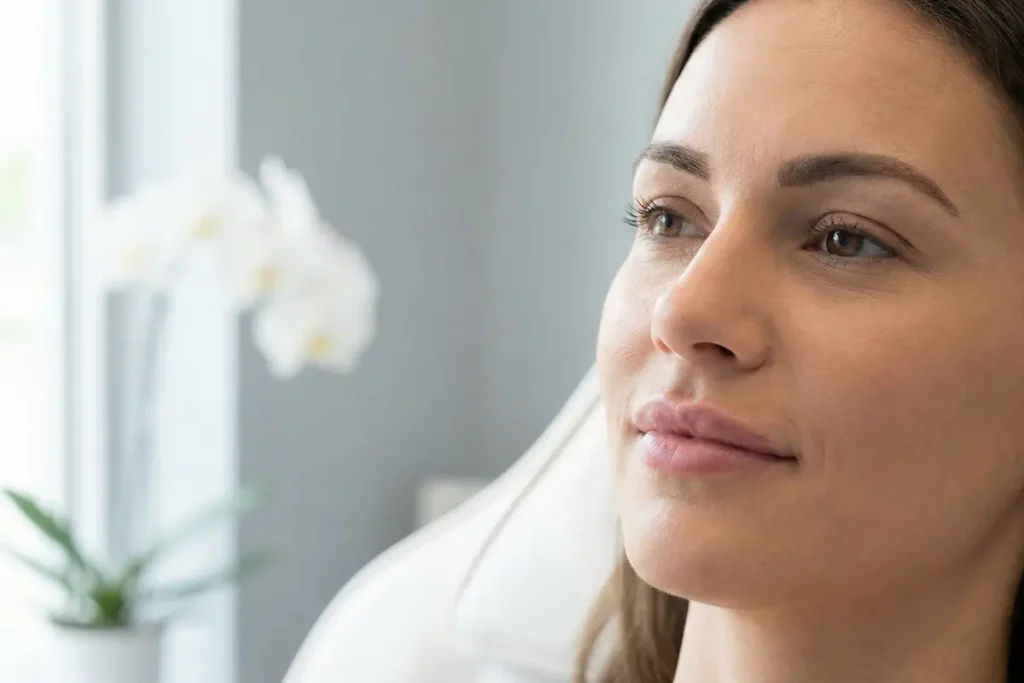 Side profile of a woman with a subtle, natural lip flip result in a bright MedSpa setting in Port Jefferson