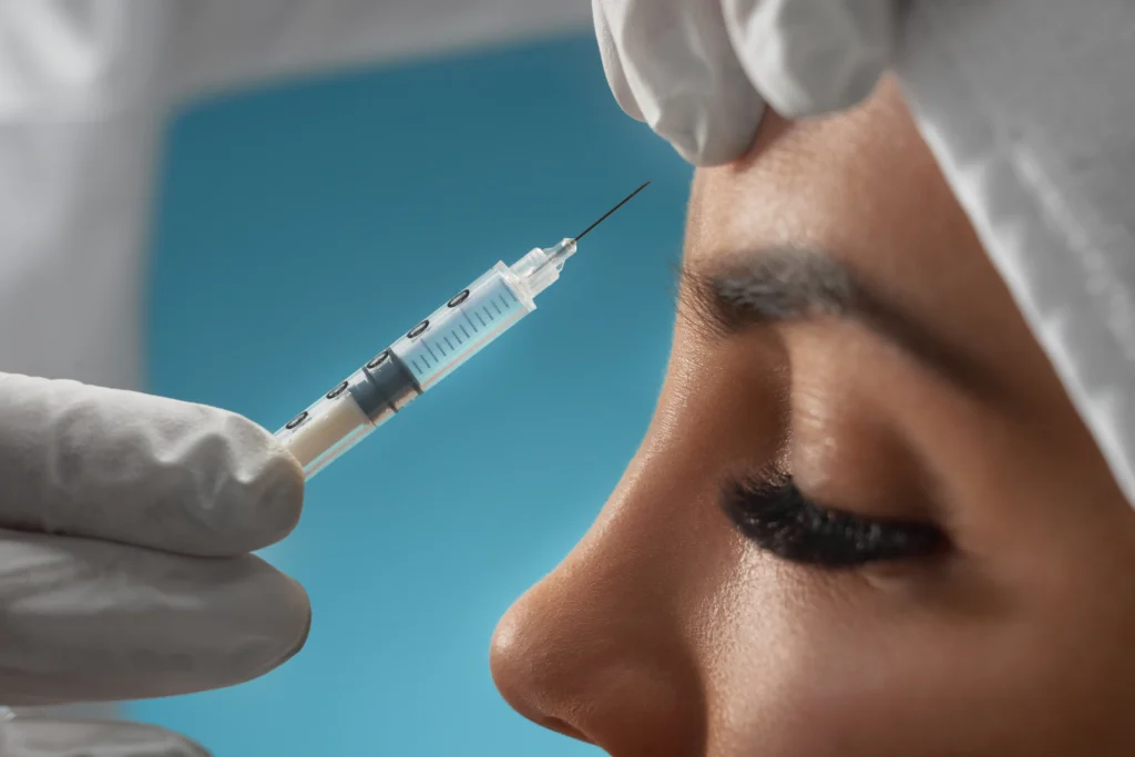 Botox treatments: cosmetic botox injection on a females forehead