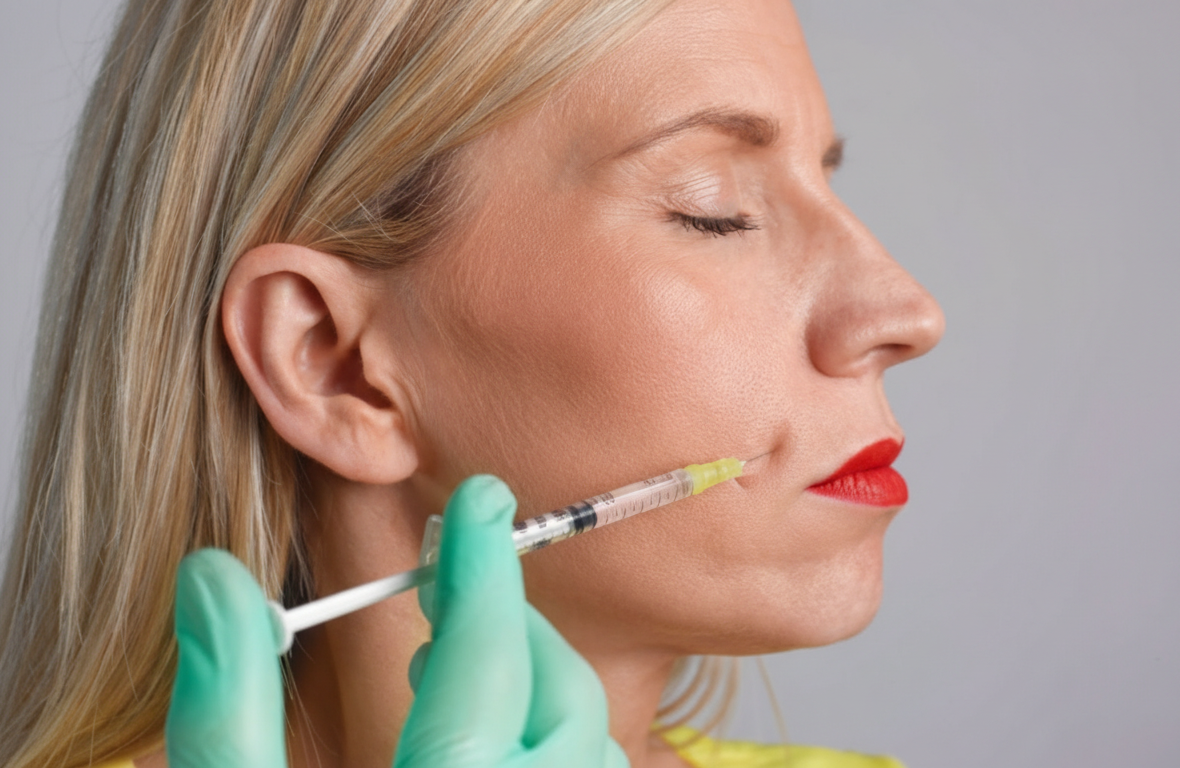 A professional administering a cosmetic injection into a woman's cheek area as part of a Botox guide for facial wrinkle treatment.