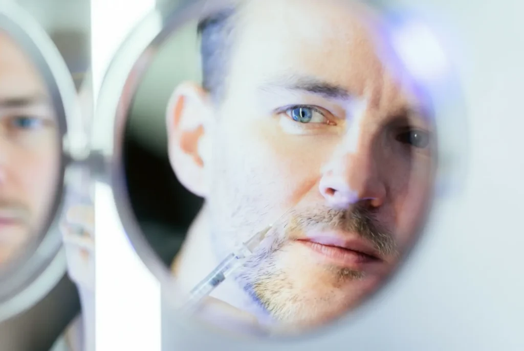 Aesthetic Filler on Long Island — Natural, Subtle Facial Enhancement 12 Close-up of a man receiving aesthetic fillers in his cheek area, reflected in a magnifying mirror during a precision facial treatment
