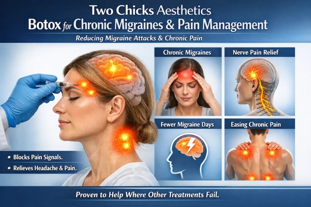 Botox Treatment in Port Jefferson: A Clear, Practical Guide to Costs, Benefits, and Booking 10 A medical illustration showing Botox treatment for chronic migraines and nerve pain relief, highlighting how injections block pain signals in the brain and neck areas providing botox for migraines
