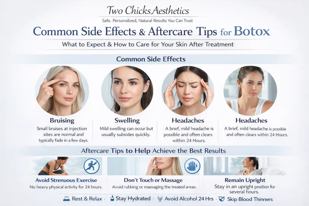 Average Botox Cost in Port Jefferson: Clear Pricing and Real Treatment Benefits 8 Infographic detailing Botox treatment aftercare tips and common side effects, including advice to avoid strenuous exercise, remain upright, and stay hydrated to ensure the best results.