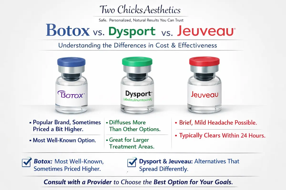 Average Botox Cost in Port Jefferson: Clear Pricing and Real Treatment Benefits 1 A comparison infographic for Botox treatment vs Dysport and Jeuveau, showing differences in cost per unit, result duration of 3 to 6 months, and how each product spreads across treatment areas.