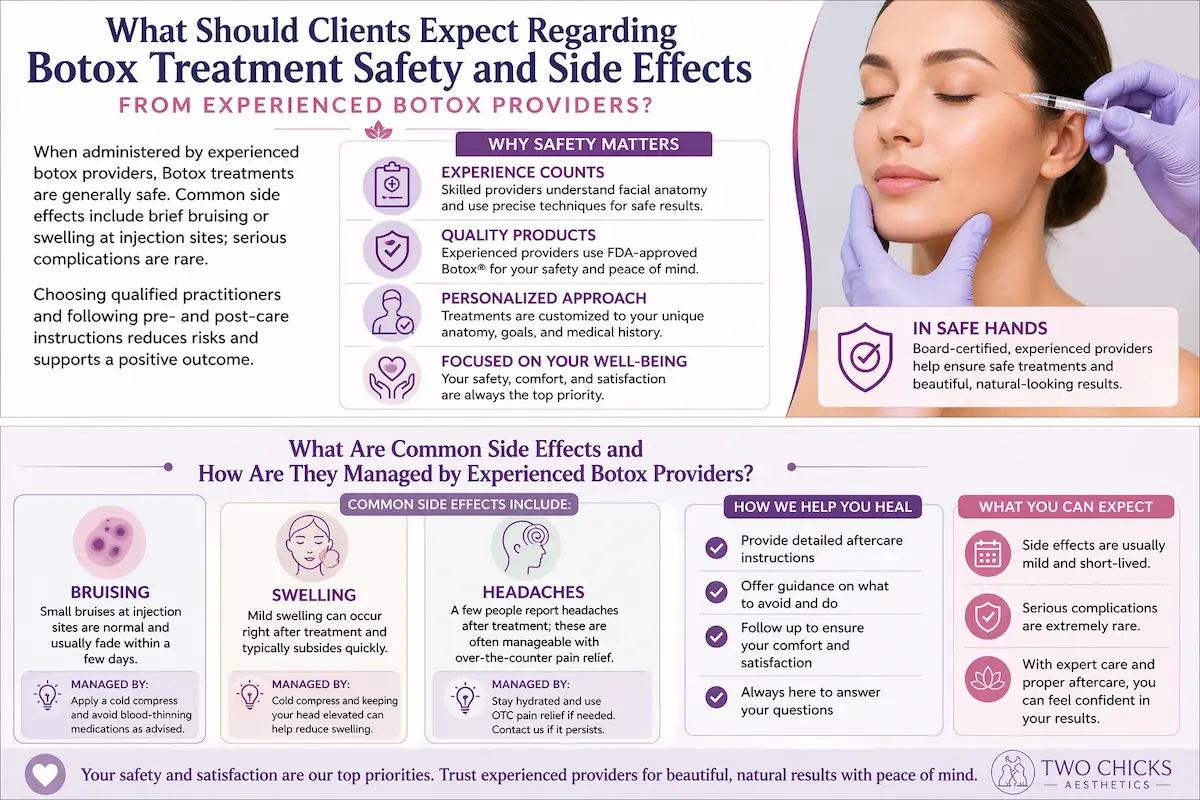 Experienced Botox Providers in Port Jefferson — Safe, Natural-Looking Results for Youthful Skin 1 Infographic explaining Botox providers and treatment safety, highlighting side effects like bruising, swelling, headaches, and how experienced botox providers manage risks and aftercare