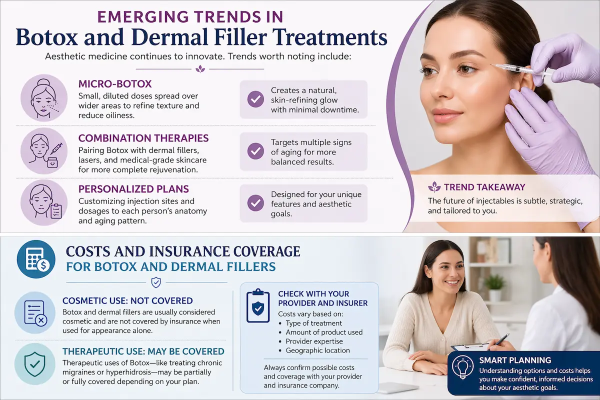 Botox vs. Fillers: Clear, Expert Guidance for Natural, Non‑Surgical Facial Refreshing 1 Infographic showing Botox and dermal filler trends including micro-Botox, combination therapies, personalized plans, and information on costs and insurance coverage