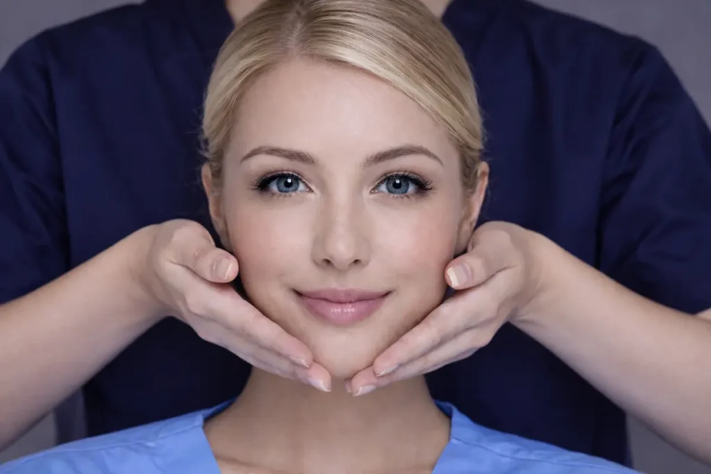Minimize Botox Swelling With These Simple Tips 7 Blonde woman undergoing facial examination by medical professional in dark blue scrubs to assess Botox swelling results
