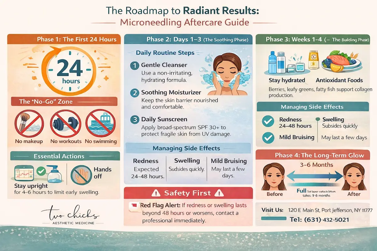 Detailed infographic titled “The Roadmap to Radiant Results: Microneedling Aftercare Guide,” showing four recovery phases: first 24 hours restrictions like avoiding makeup and sweating, days 1–3 gentle skincare routine with cleanser, moisturizer, and SPF, weeks 1–4 healing support through hydration and antioxidants, and long-term results over 3–6 months, including safety warnings and contact information.