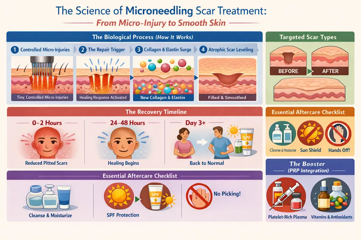 Reduce Scar Visibility with Professional Microneedling in Port Jefferson 1 Detailed infographic explaining microneedling scar treatment, illustrating controlled micro-injuries that trigger skin repair, increased collagen and elastin production, and smoothing of acne, surgical scars, and stretch marks, along with recovery timeline, aftercare steps, and PRP enhancement.