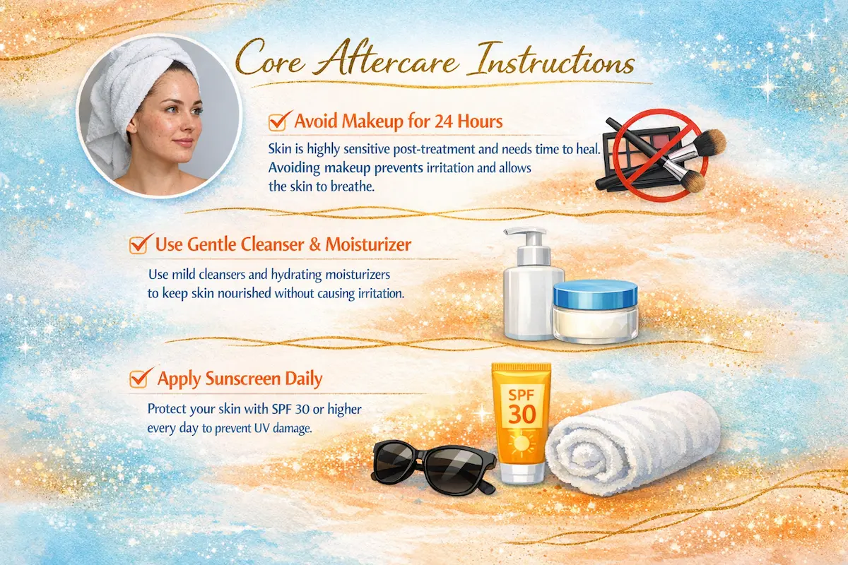 Infographic showing the best aftercare tips for microneedling scar treatment, including avoiding makeup for 24 hours, using gentle cleansers and moisturizers, and applying SPF 30 sunscreen daily.