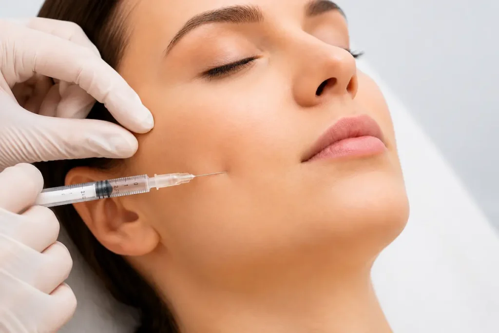 Woman receiving a non-surgical facial injection treatment showcasing popular Botox alternatives for reducing fine lines and achieving smoother, youthful-looking skin.