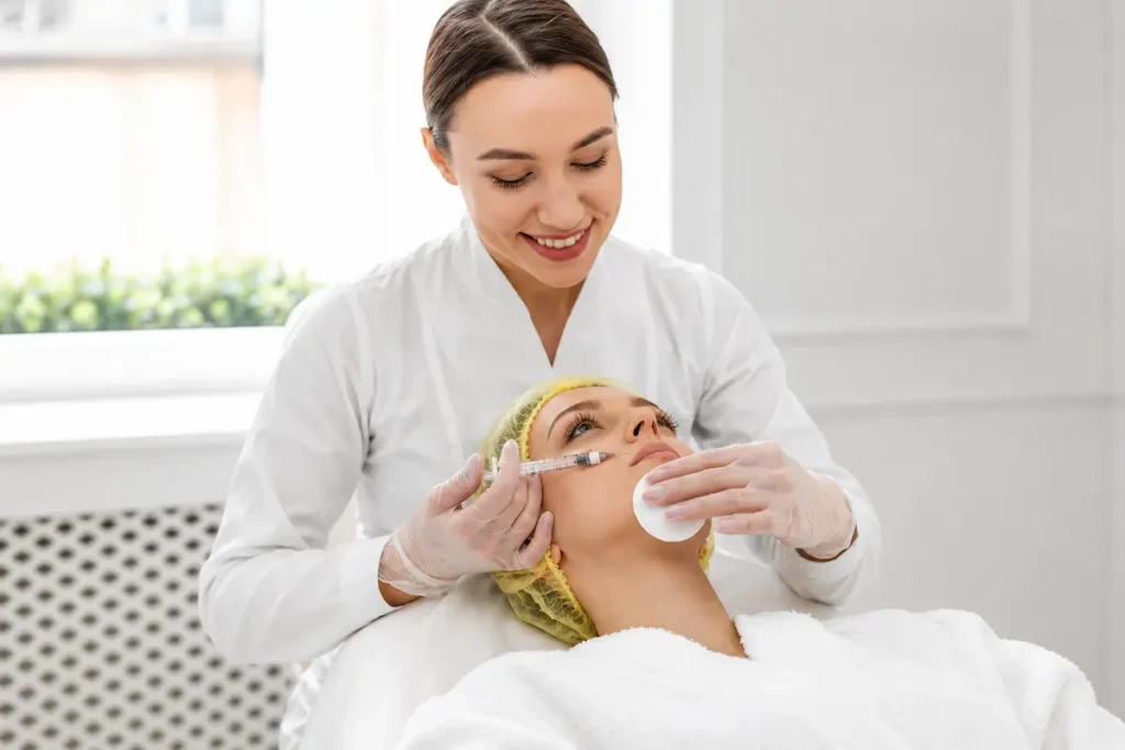 Aesthetic practitioner providing dermal filler aftercare guidance to a patient after a cosmetic facial treatment for safe healing and long-lasting results.