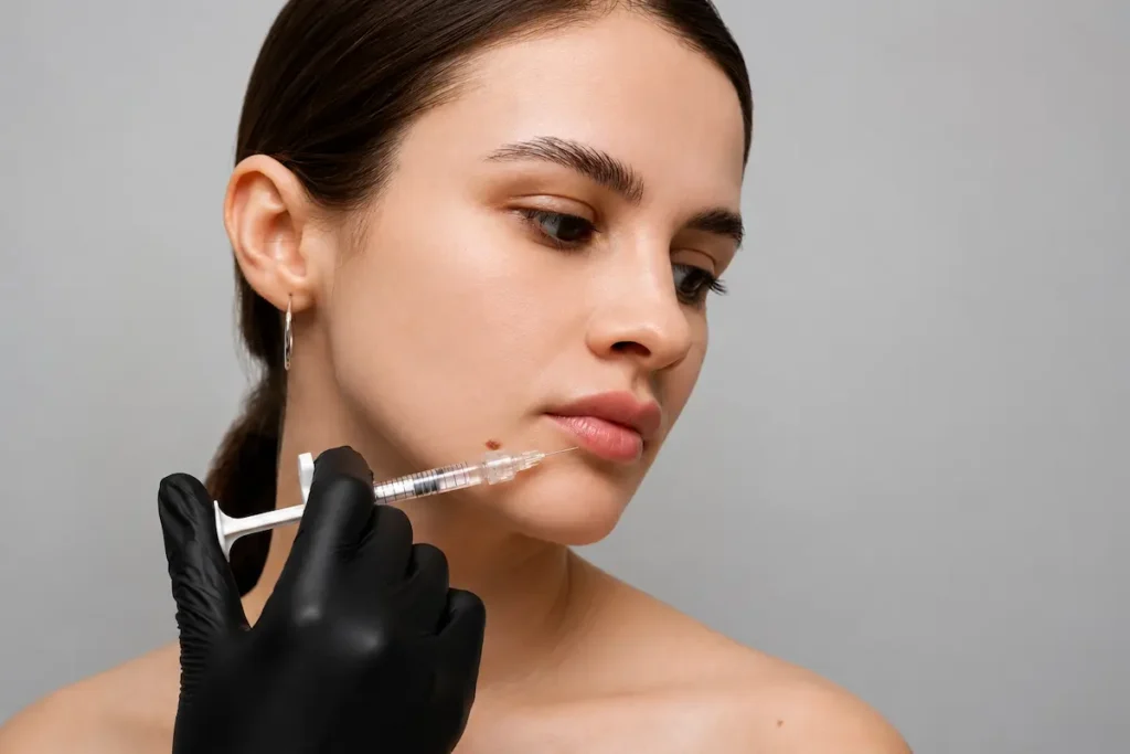 Woman receiving a filler dissolver injection treatment to safely reduce or correct unwanted facial filler results for a more natural appearance.