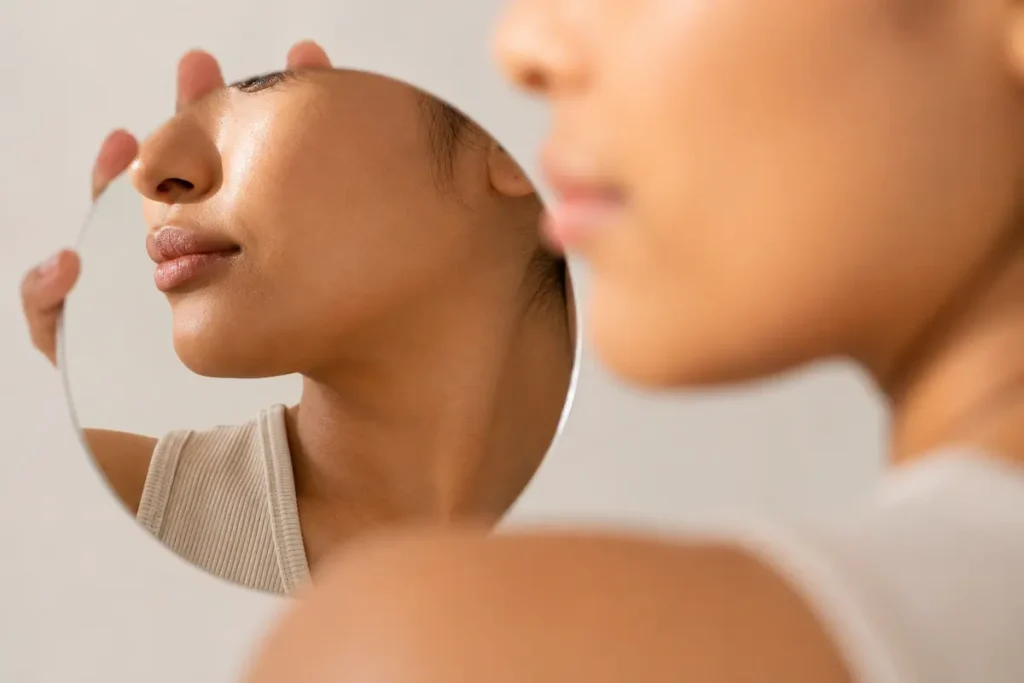 Woman examining her facial profile in a mirror during a Full Facial Balancing consultation focused on achieving balanced and natural-looking facial contours.