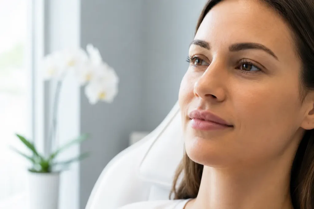 Woman relaxing in a cosmetic treatment clinic after a facial procedure while learning how long do wrinkle relaxers last for maintaining smoother, younger-looking skin.