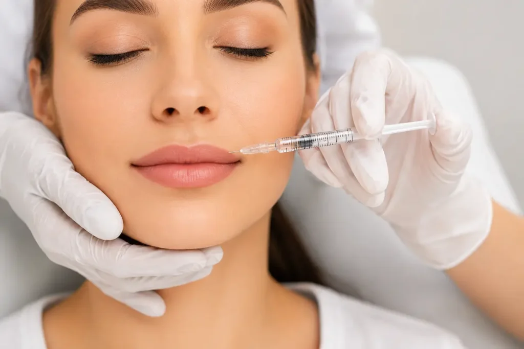 Woman receiving a cosmetic lip enhancement during a lip filler vs lip flip treatment consultation for achieving fuller and more defined lips.