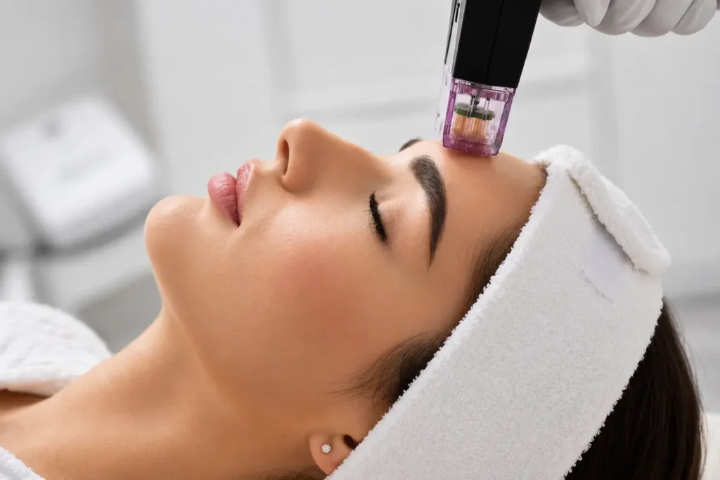 Close-up of a woman receiving a professional microneedling treatment to improve skin texture, reduce imperfections, and promote a youthful glow.