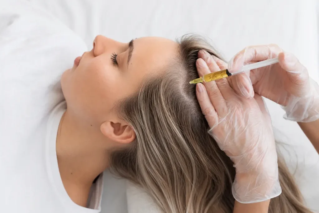 Woman with ash blonde hair receiving PRP treatment on the scalp for hair restoration and hair growth therapy in a professional aesthetic clinic.