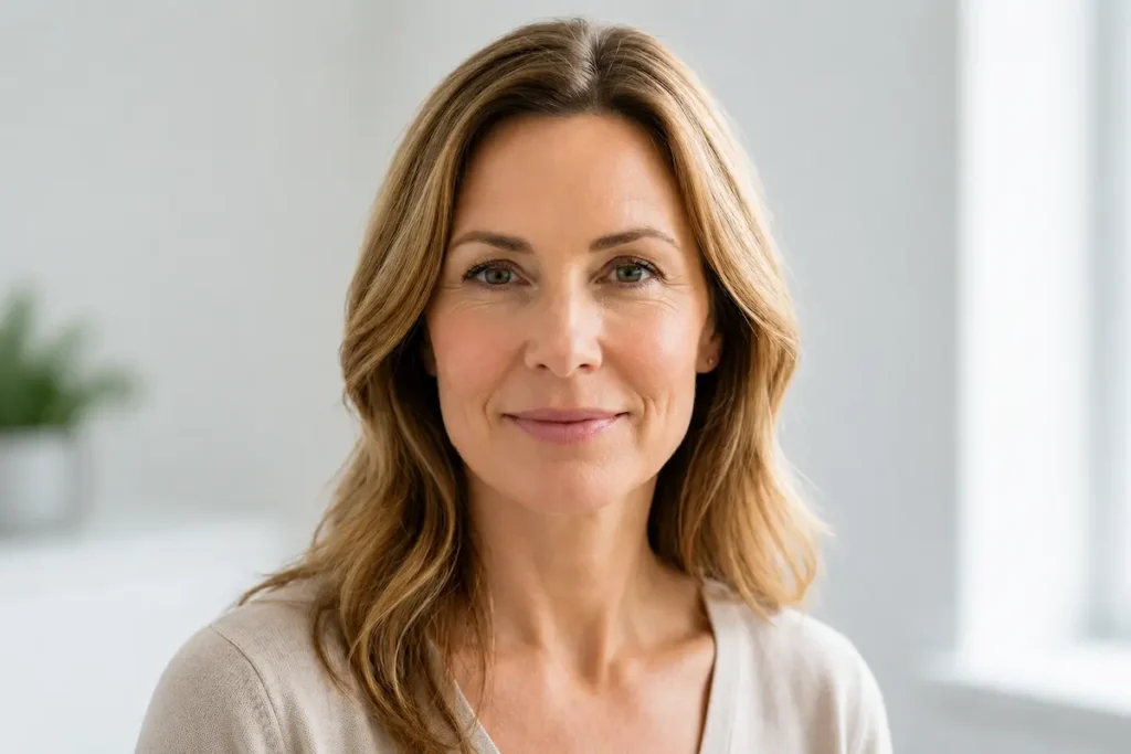 Middle-aged woman with smooth skin and a natural smile after wrinkle relaxer treatment, showcasing a refreshed and youthful appearance in a soft-lit indoor portrait.