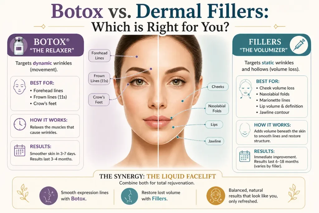 comprehensive guide comparing Botox and dermal fillers. The infographic illustrates that Botox is a neuromodulator used primarily for the upper face to relax dynamic wrinkles like crow's feet and forehead lines. Conversely, dermal fillers are shown as volume-adding injectables for the lower face, including the lips, cheeks, and nasolabial folds. A comparison table within the graphic highlights that Botox lasts 3–6 months, while dermal fillers can last 6–24 months depending on the product used.