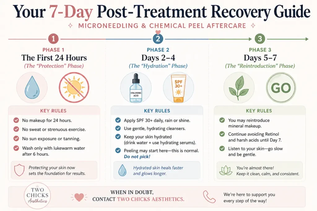 visual guide to microneedling and chemical peel aftercare broken down into a 7-day timeline. It details the immediate 24-hour restrictions, such as avoiding makeup and strenuous exercise, the mid-week focus on hydration and SPF, and the safe reintroduction of active skincare products after one week. The graphic emphasizes the importance of a gentle skin barrier repair routine to maximize collagen stimulation and prevent hyperpigmentation.